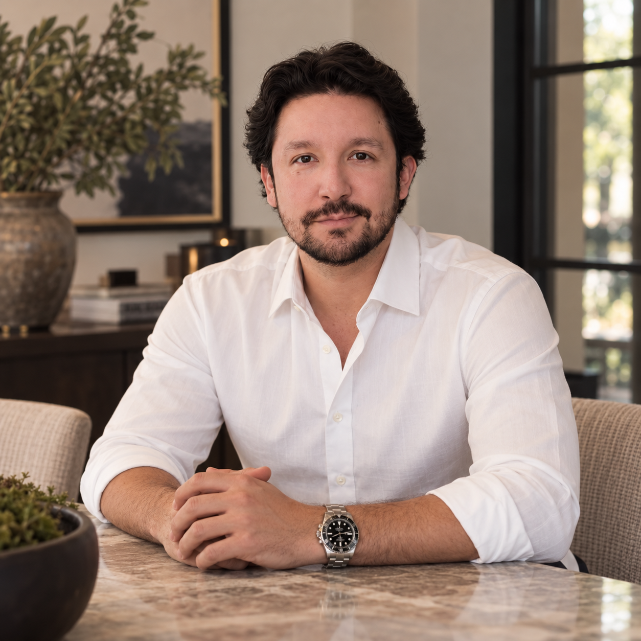 Adrian Salas in a white shirt, seated in a bright Austin home
