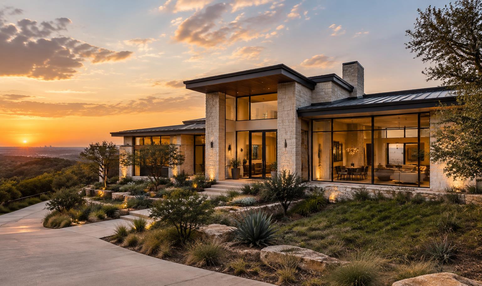 Contemporary limestone home in the Austin hills at sunset
